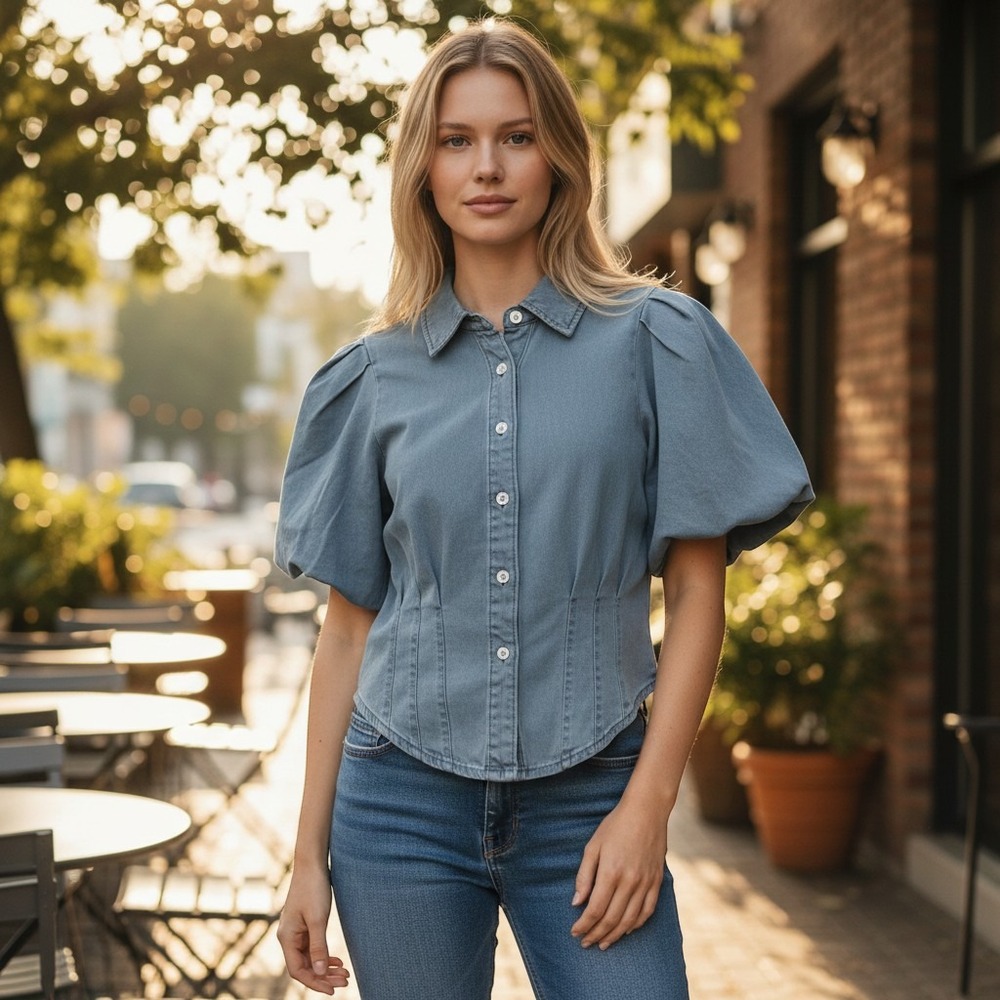 Bagatelle Button Front Corset Shirt Cotton Denim Top Blue Small NWT